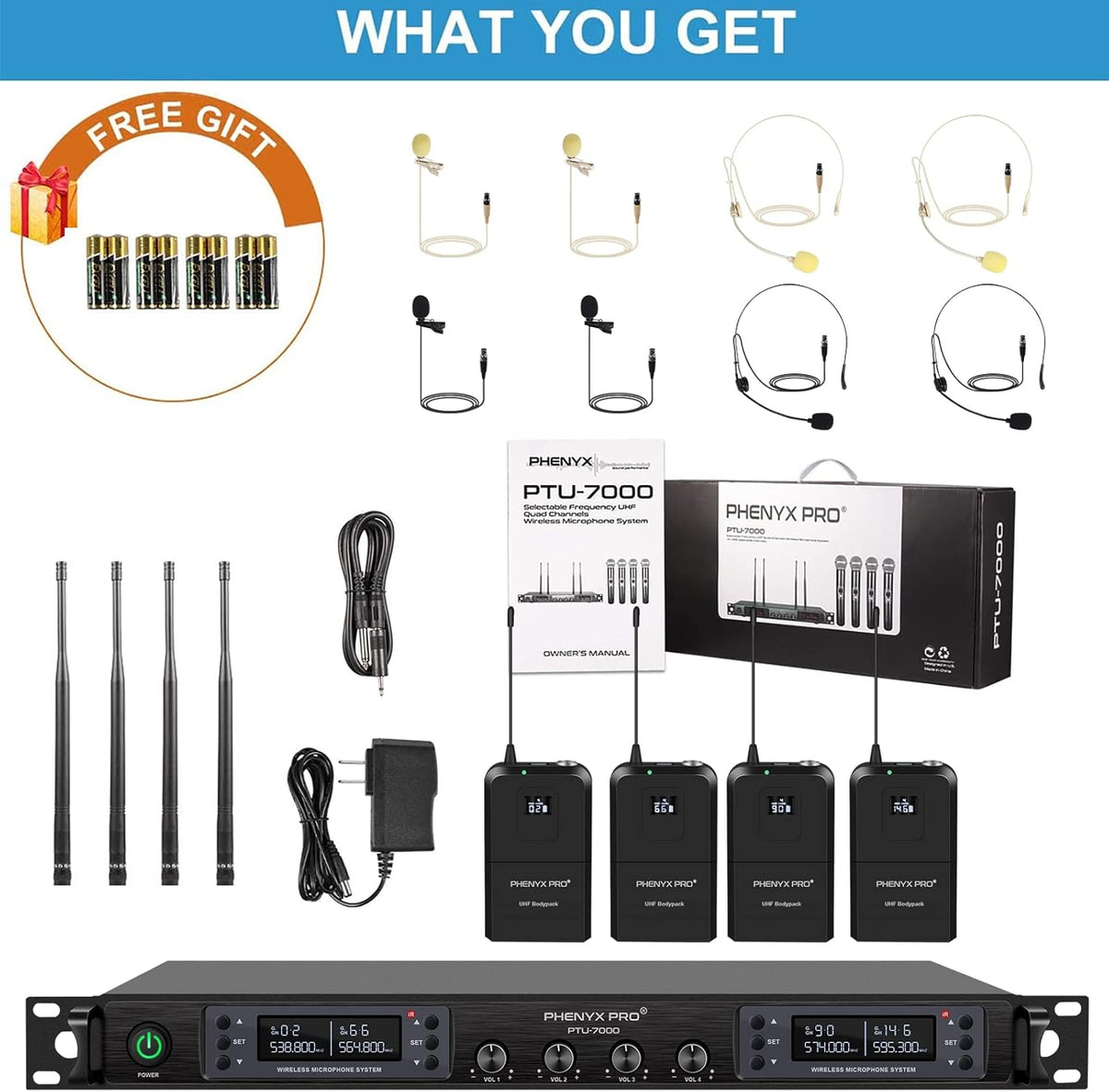 Wireless Microphone System, Quad Channel Cordless Mic Set with Four Bodypacks and Headsets/Lapels R414