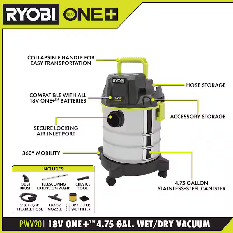 18V Cordless 4.75 Gal. Wet/Dry Vacuum Kit with Battery and Charger W6442