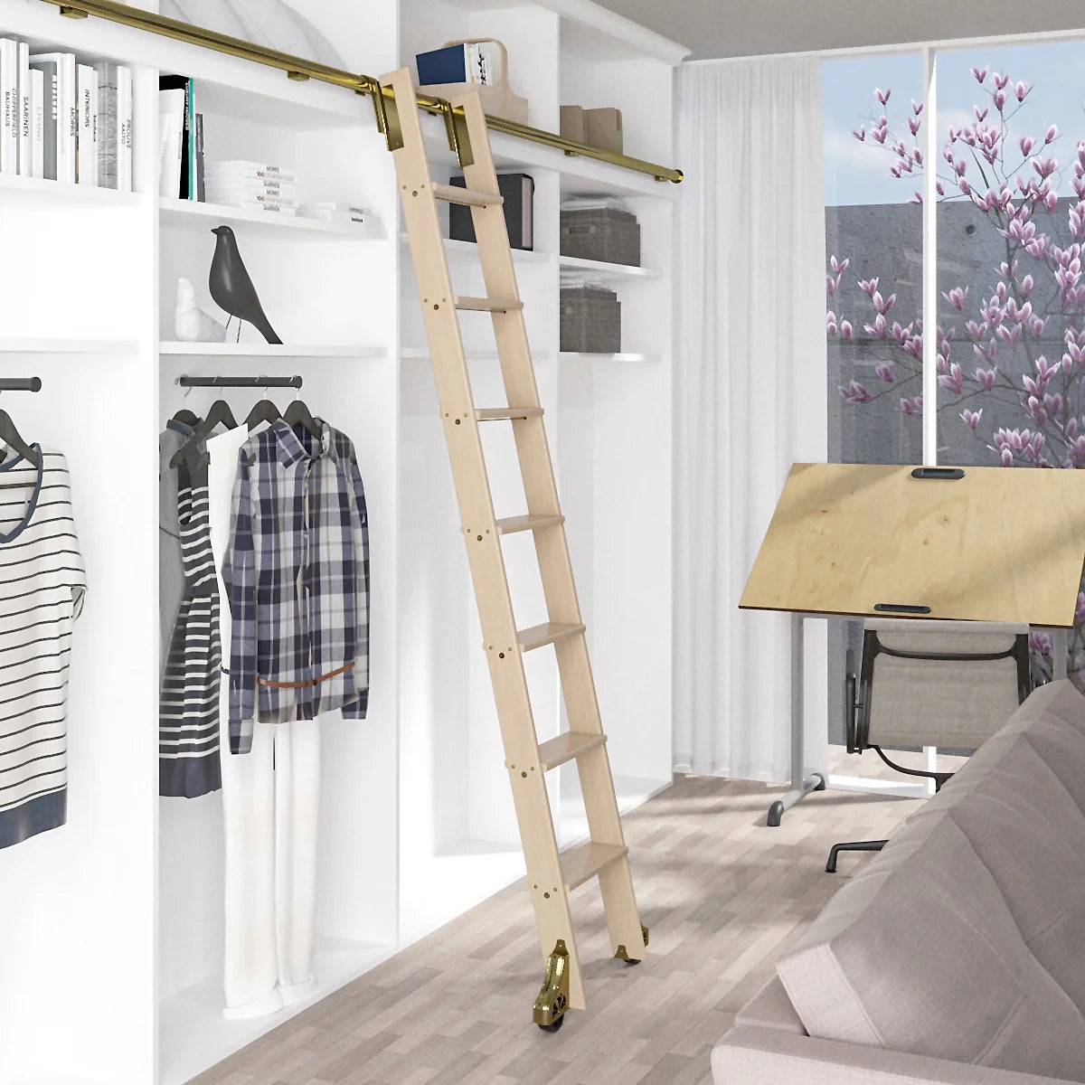 Un-Finished Maple Library Ladder with 8 ft. Rail E741