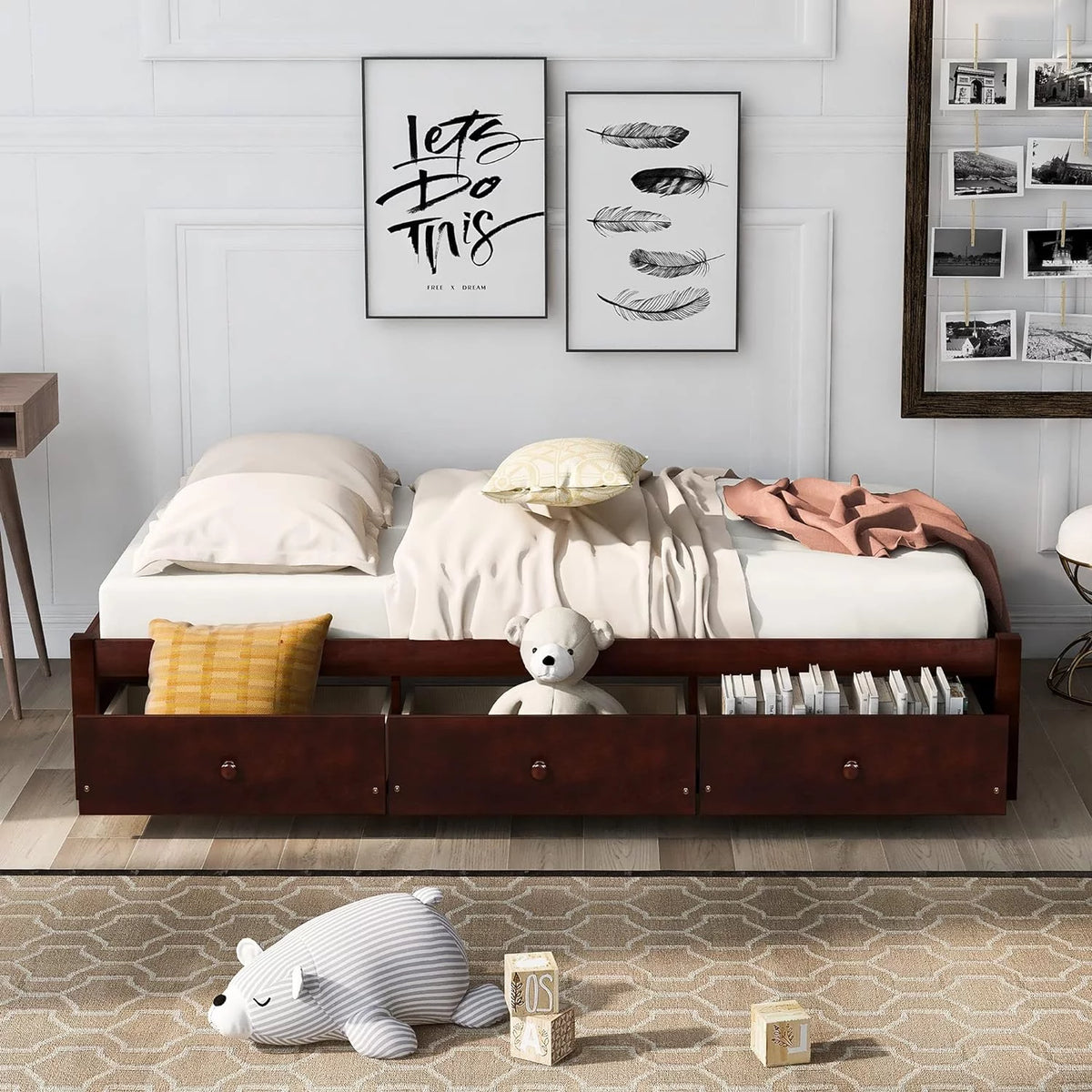 Platform Storage Bed with 3 Drawers Solid Wood Cherry C4021