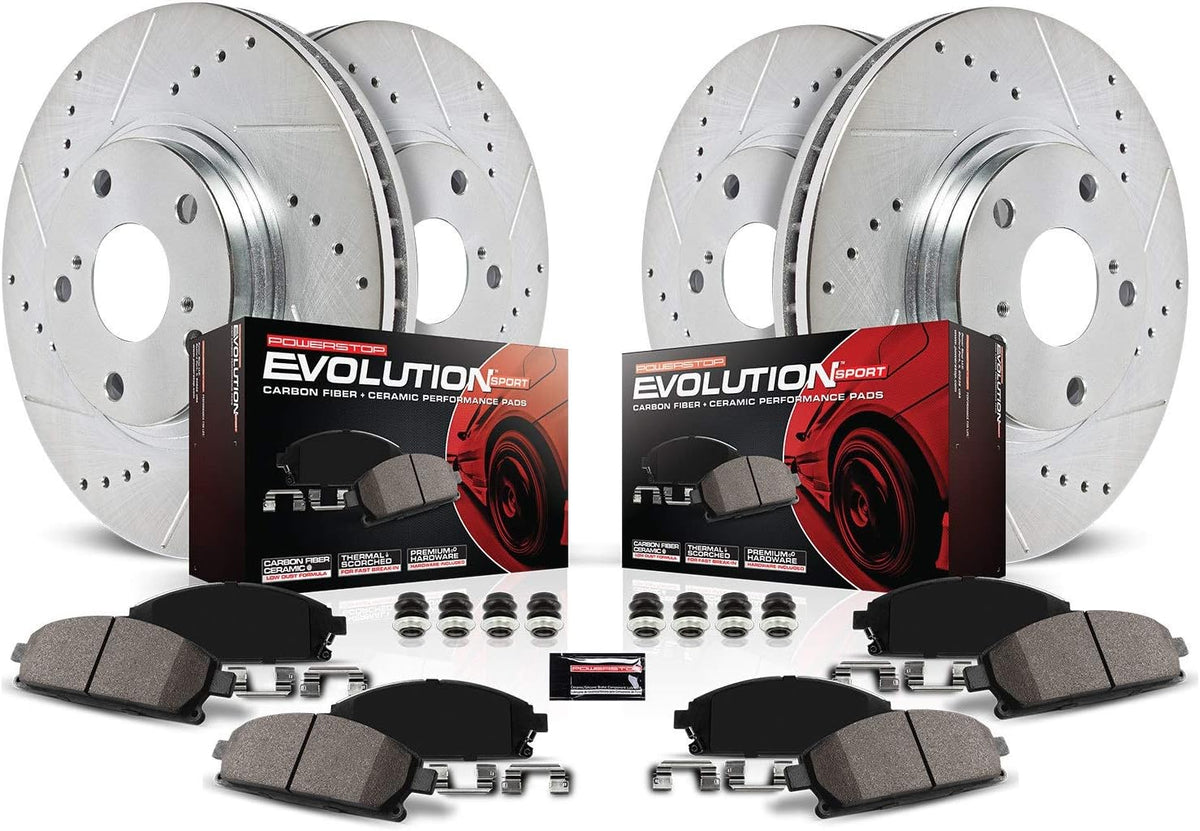 Front and Rear Carbon Fiber Brake Pads with Drilled & Slotted Brake Rotors Kit S527645