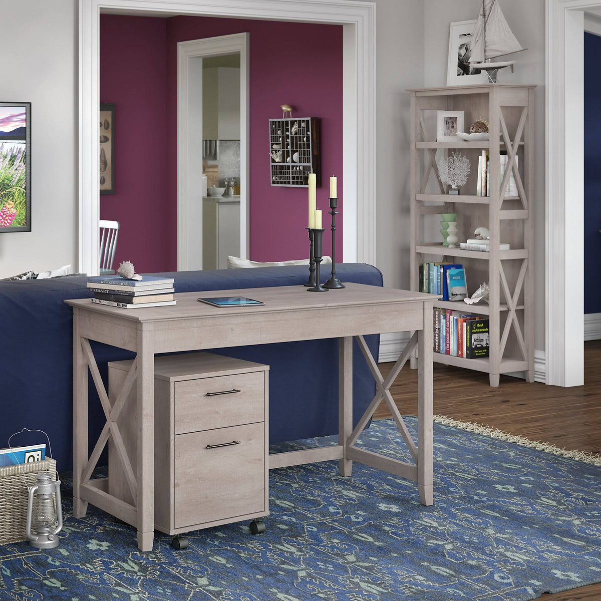 48W Writing Desk with 2 Drawer Mobile File Cabinet and 5 Shelf Bookcase in Washed Gray Z42628
