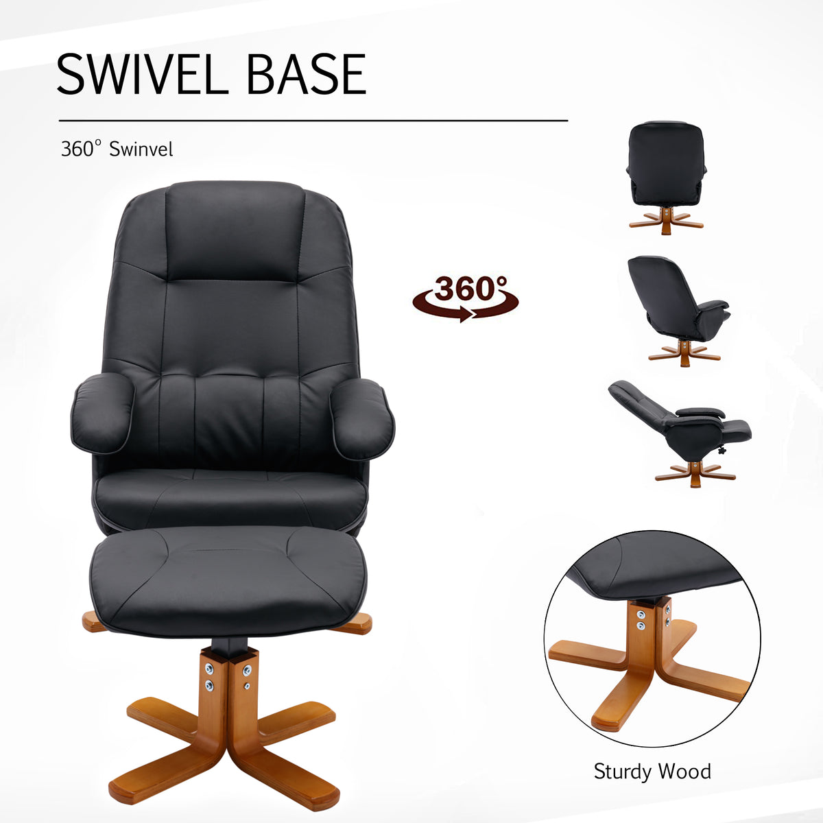 Beige Faux Leather Swivel Recliner Chair with Ottoman and Wood Base O56500