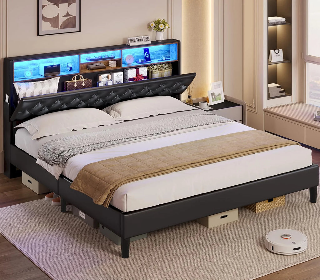 King Size Upholstered Platform Bed Frame with LED Lights, USB Charging Station, Hidden Storage Headboard, Dark Grey V44566