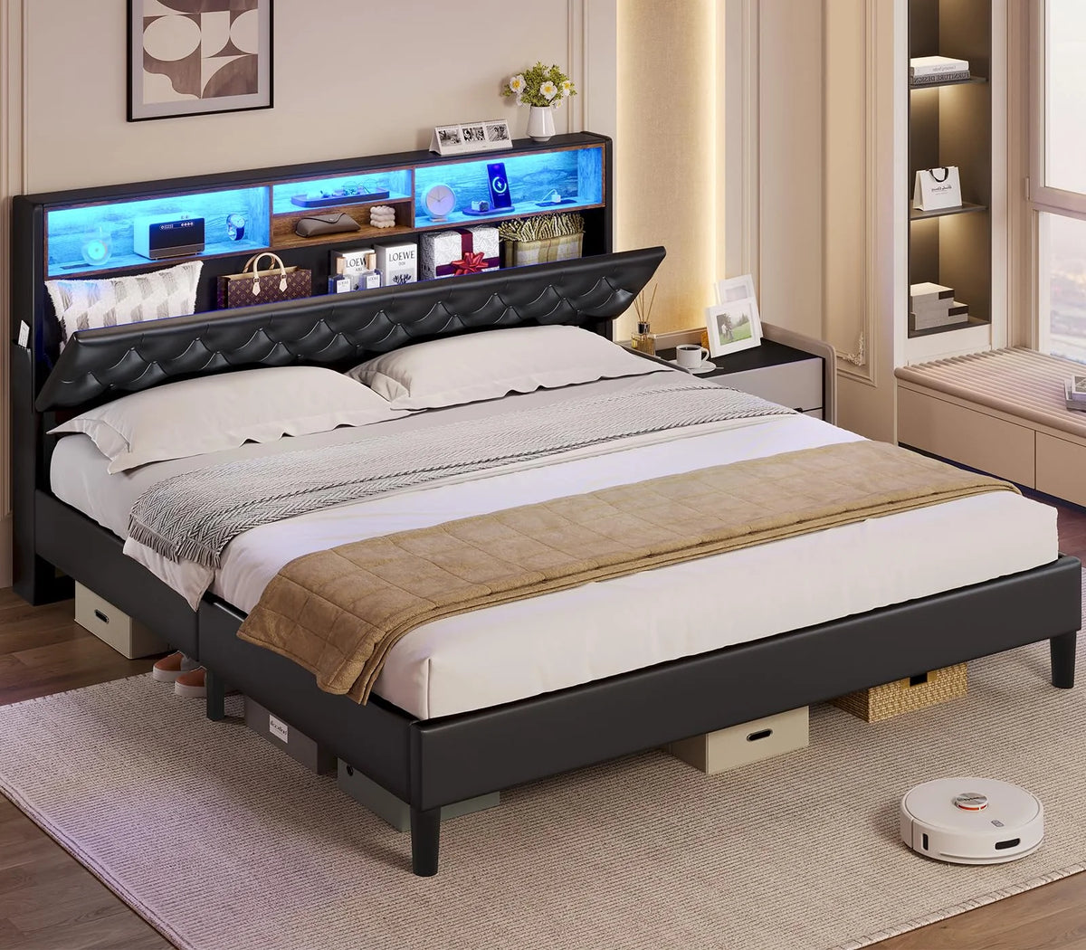 King Size Upholstered Platform Bed Frame with LED Lights, USB Charging Station, Hidden Storage Headboard, Dark Grey V44566