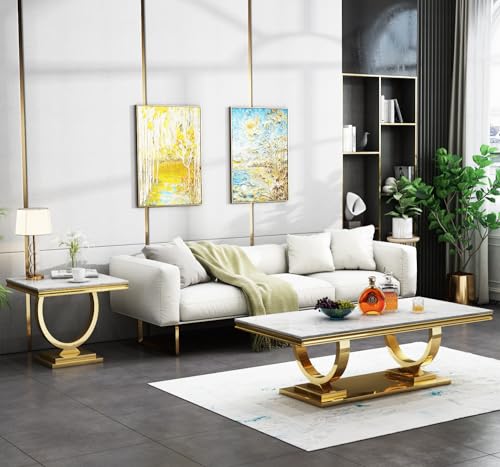 White Marble Coffee Table with Stainless Steel Pedestal X6720