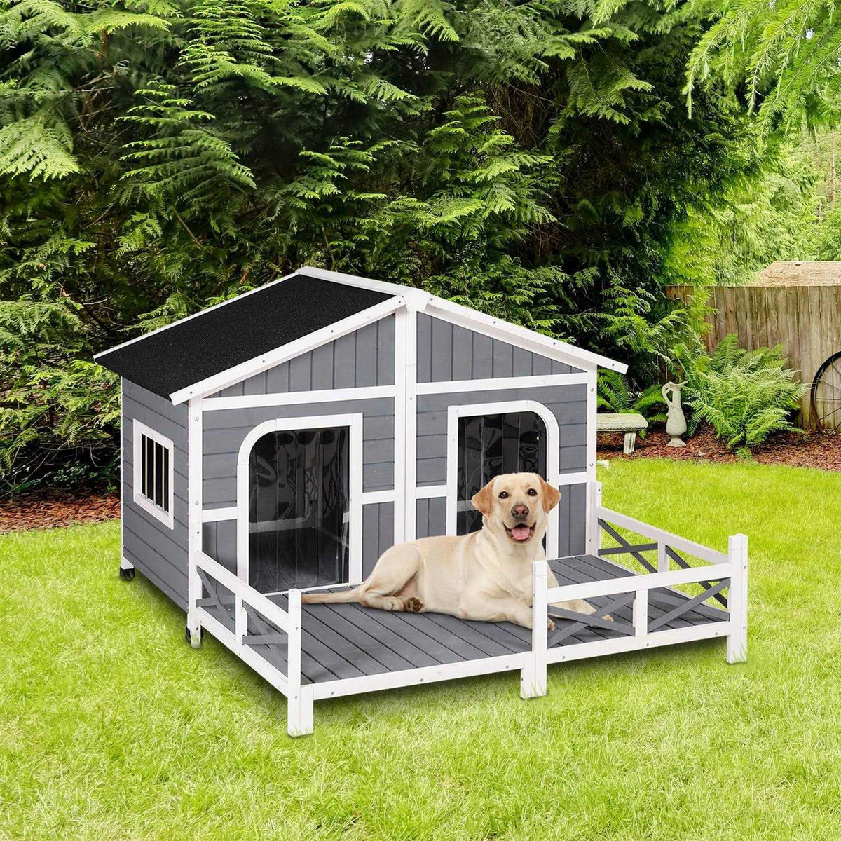 Wood Large Dog House Elevated Pet Shelter with Porch Deck E537