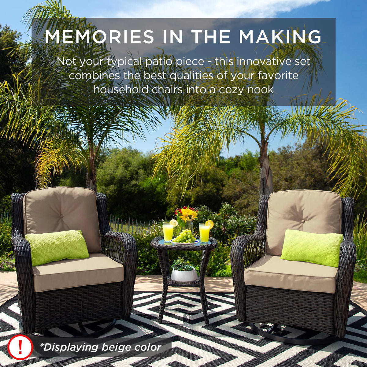 3-Piece Wicker Bistro Set with 2 Cushioned Swivel Rocking Chairs and Side Table B65814