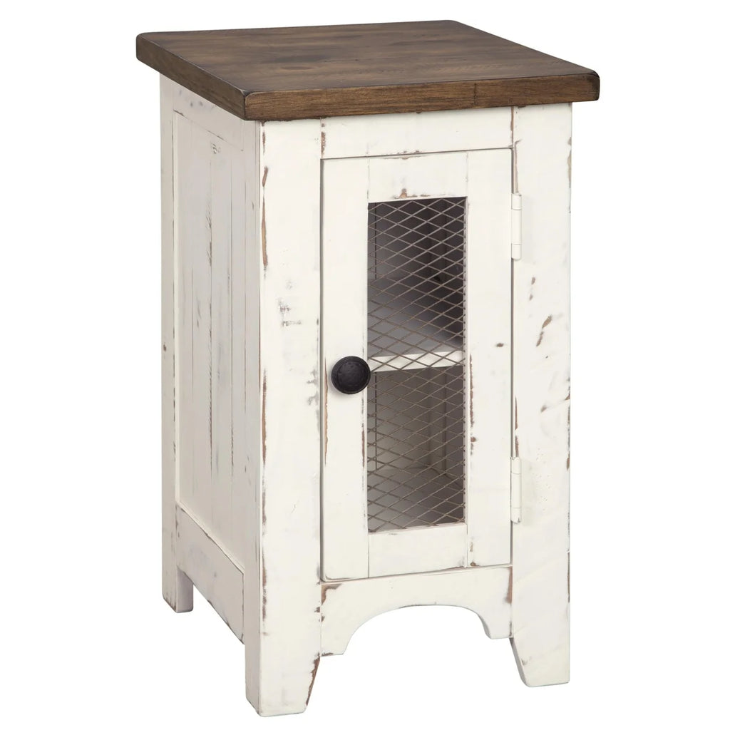 Brown and White Chair Side End Table with Wire Metal Grill Cabinet P497991