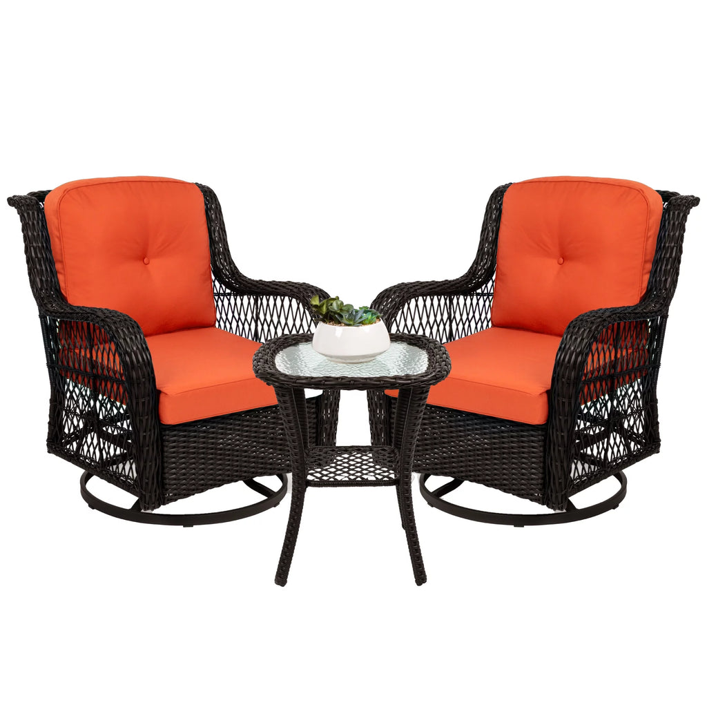 3-Piece Wicker Bistro Set with 2 Cushioned Swivel Rocking Chairs and Side Table B65814