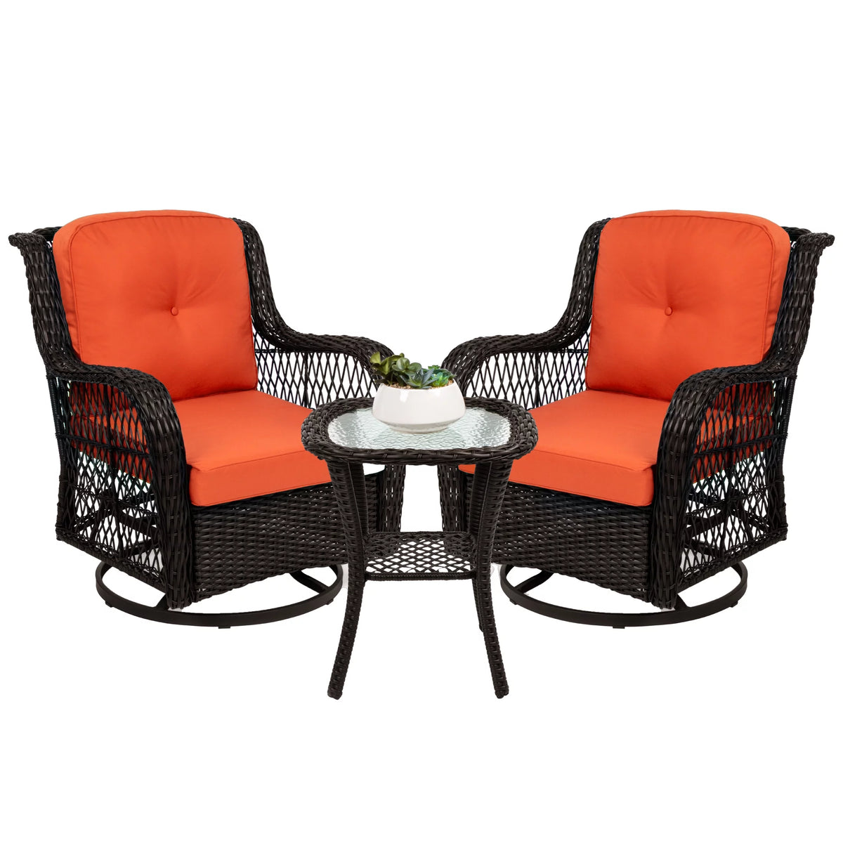 3-Piece Wicker Bistro Set with 2 Cushioned Swivel Rocking Chairs and Side Table B65814