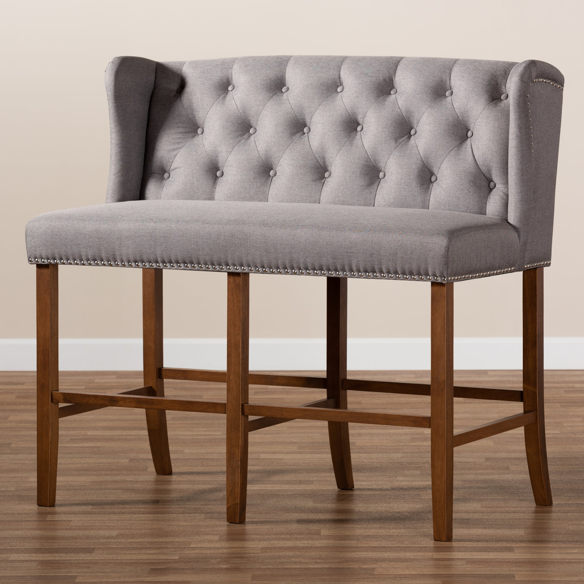 Grey Fabric Upholstered Walnut Finished Wood Button Tufted Bar Stool Bench F4230