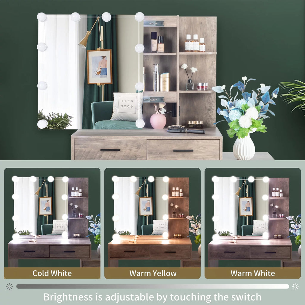 Lighted Vanity Makeup Table Set with Sliding Mirror and Cushioned Stool H8244