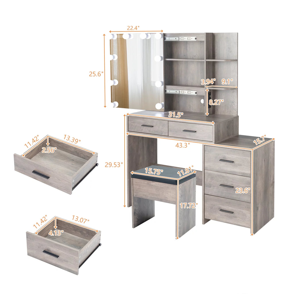 Lighted Vanity Makeup Table Set with Sliding Mirror and Cushioned Stool H8244