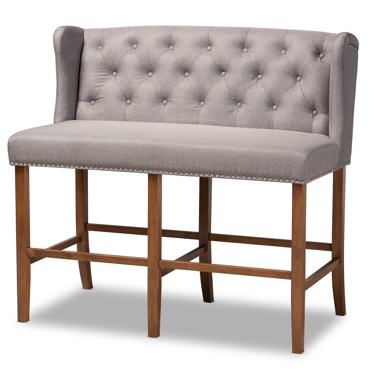 Grey Fabric Upholstered Walnut Finished Wood Button Tufted Bar Stool Bench F4230