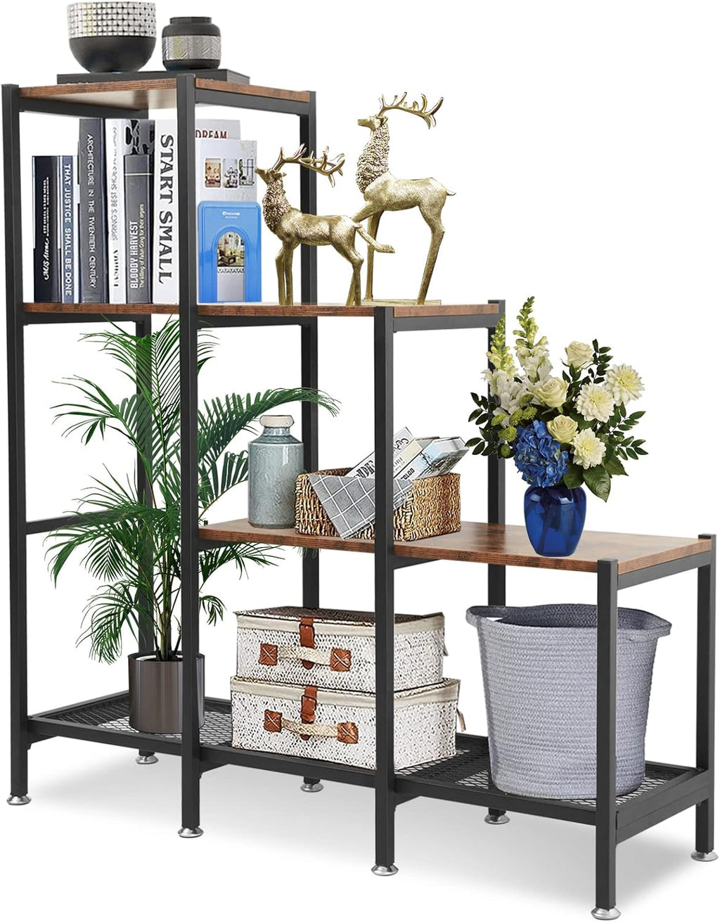 3 Tier Wood and Metal Rustic Brown Bookshelf X2331
