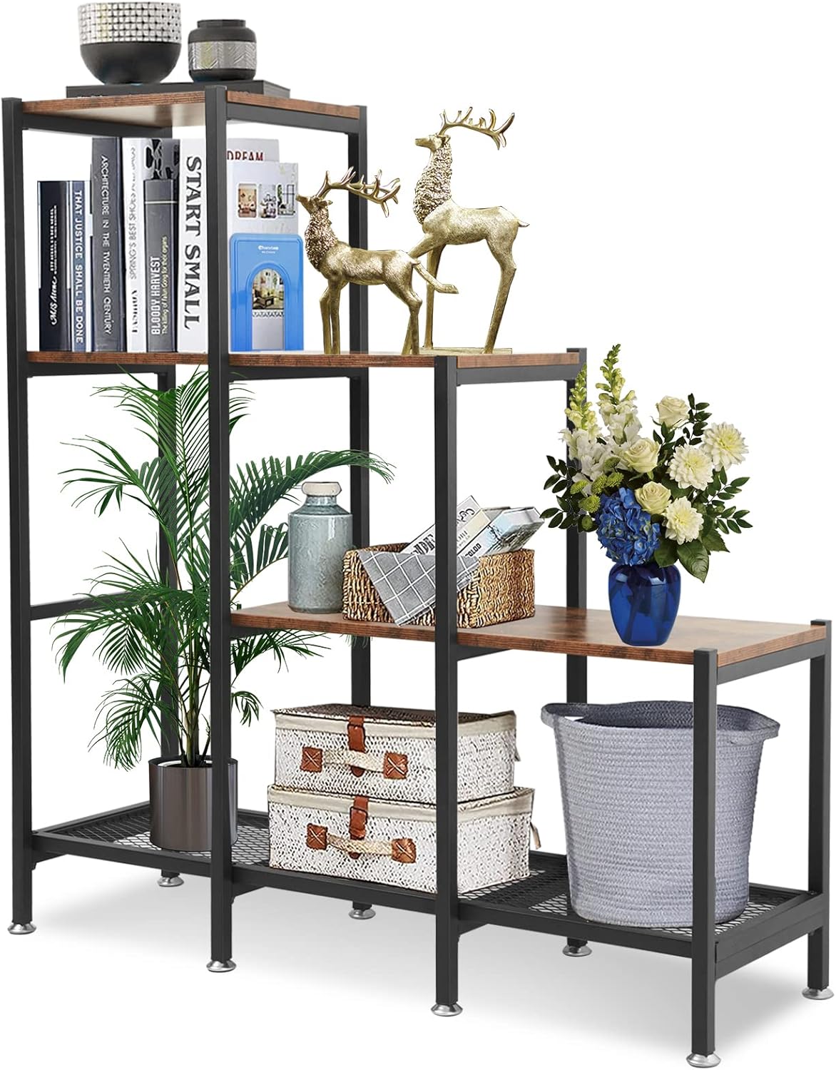 3 Tier Wood and Metal Rustic Brown Bookshelf X2331