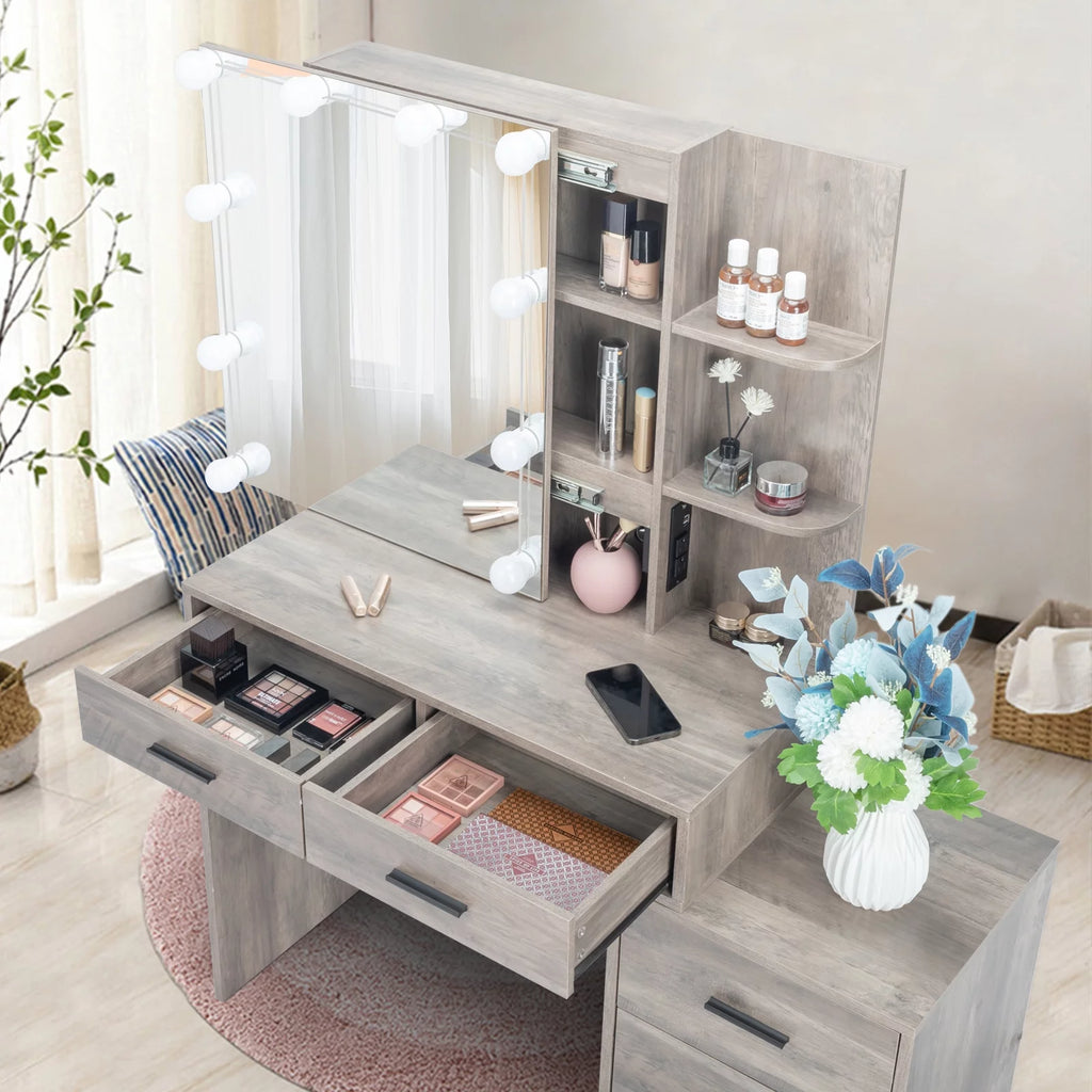 Lighted Vanity Makeup Table Set with Sliding Mirror and Cushioned Stool H8244