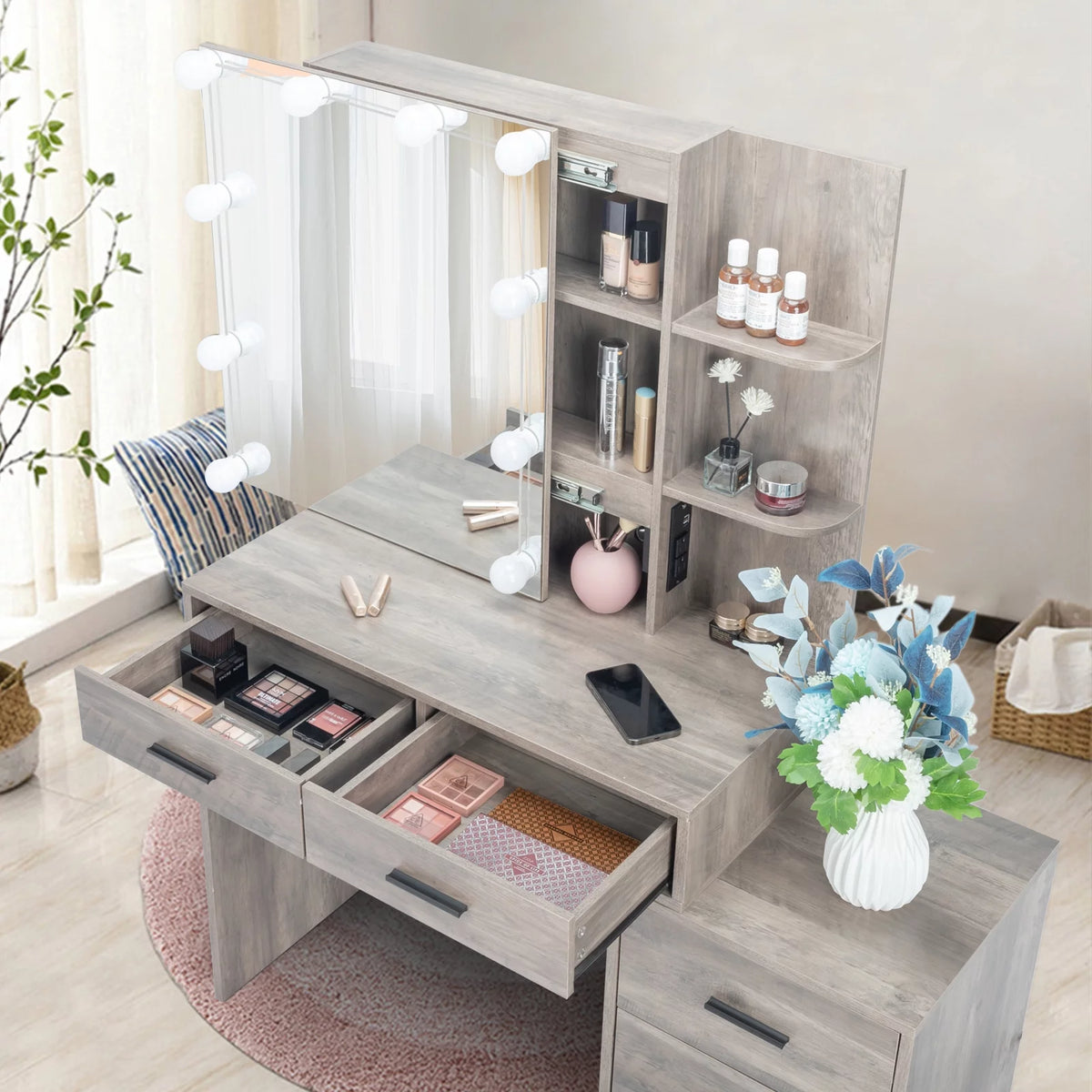 Lighted Vanity Makeup Table Set with Sliding Mirror and Cushioned Stool H8244