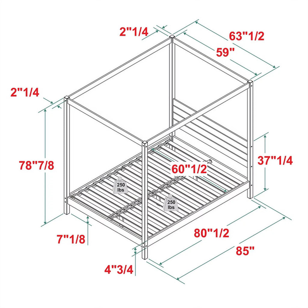 Solid Wood Queen Canopy Bed - Black Q1394