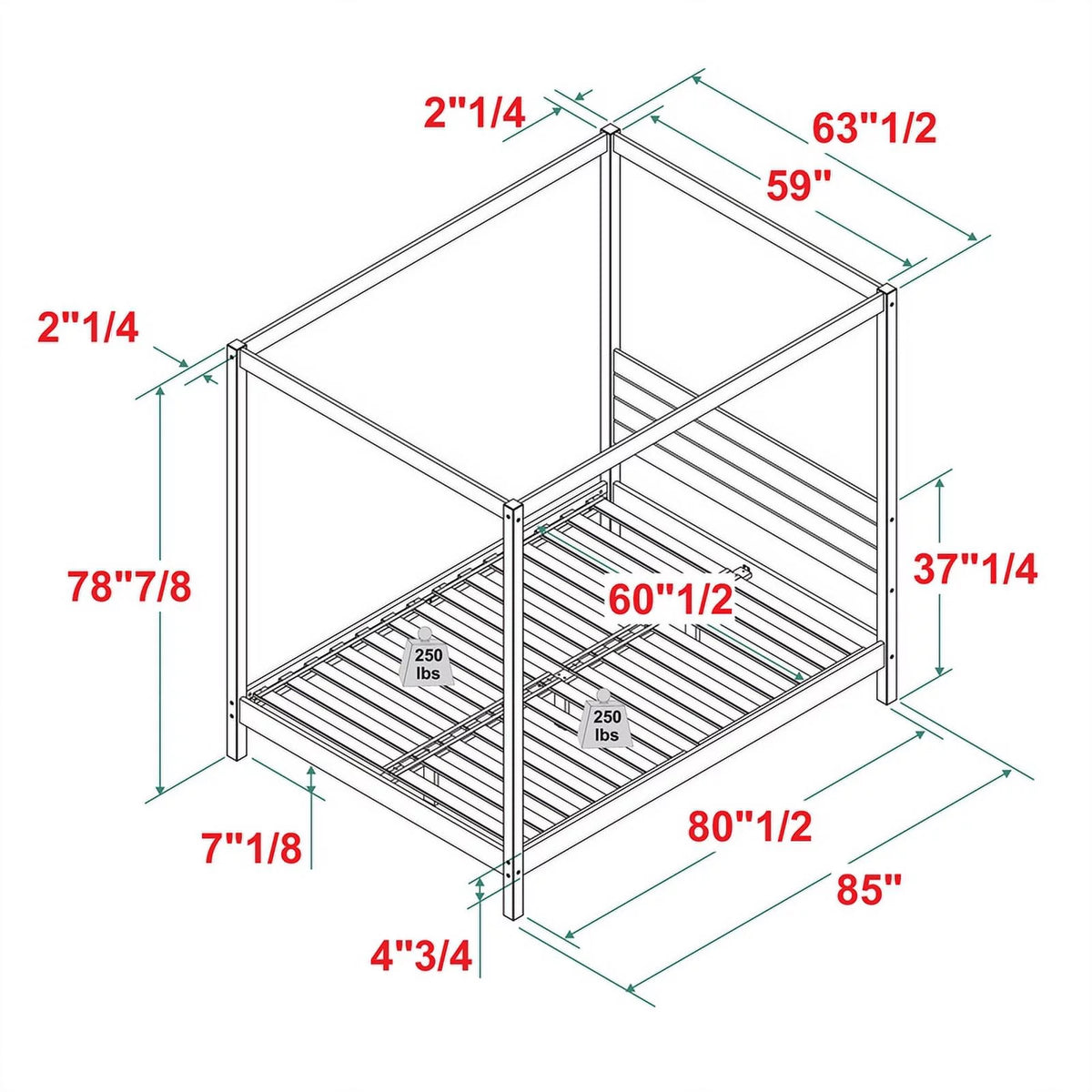 Solid Wood Queen Canopy Bed - Black Q1394