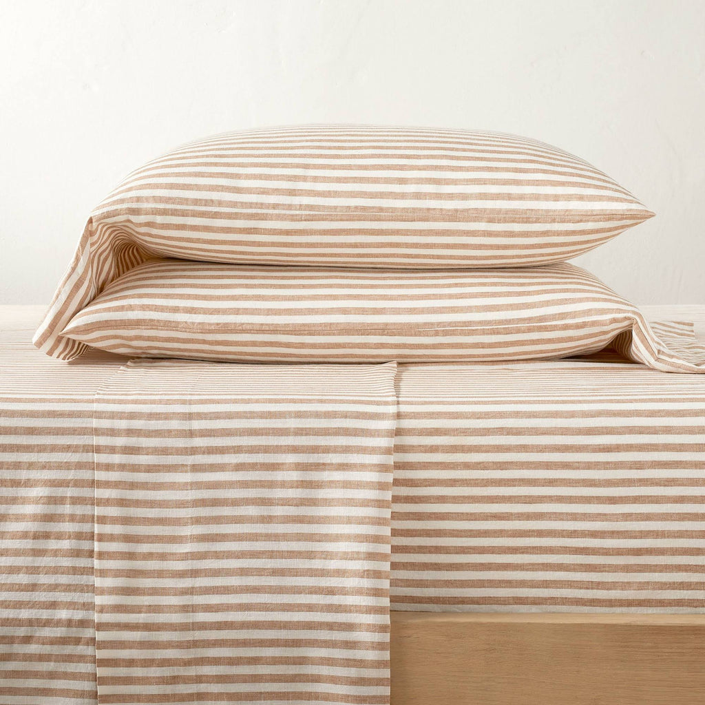 100% Washed Linen Printed Sheet Set Brown Stripe P9451
