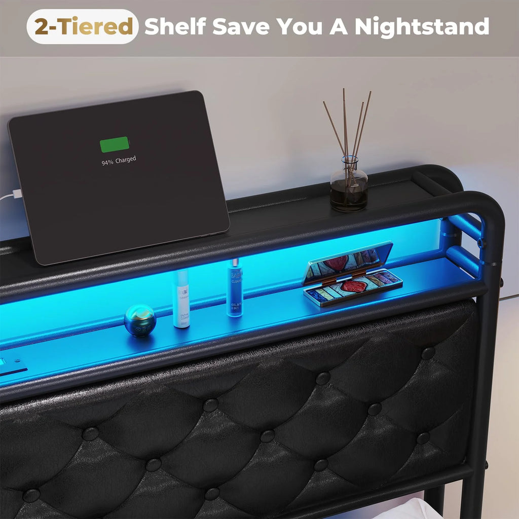 King Size Upholstered Platform Bed Frame with LED Lights, USB Charging Station, Hidden Storage Headboard, Dark Grey V44566