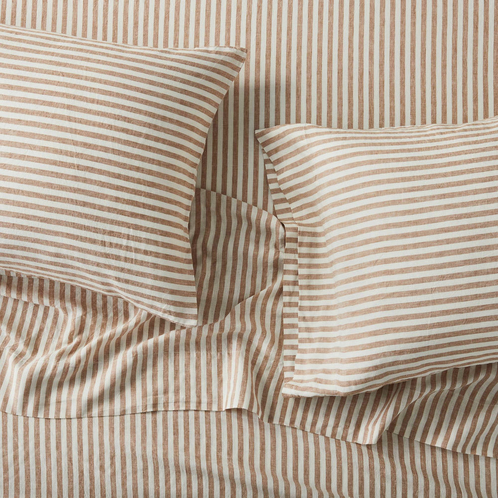 100% Washed Linen Printed Sheet Set Brown Stripe P9451