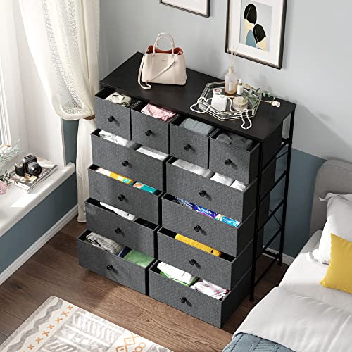 12 Drawer Fabric Dresser with Metal Frame, Wood Top, Light Grey V6209