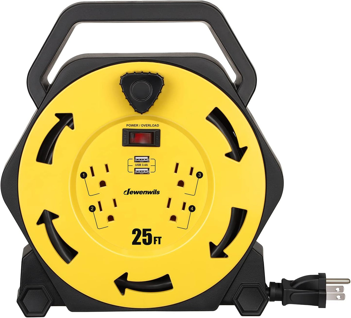 25FT Retractable Extension Cord Reel with 4 Outlets and 2 USB Ports W346631