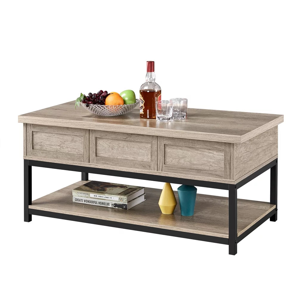 Rustic Gray Wooden Lift Top Coffee Table with Storage Shelf R762