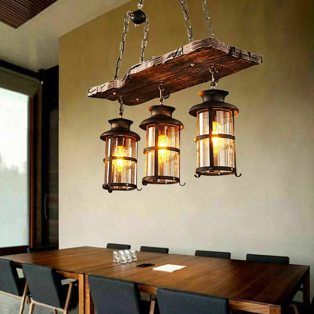 Rustic Wood 3 Heads Hanging Chandelier Ceiling Light A2512