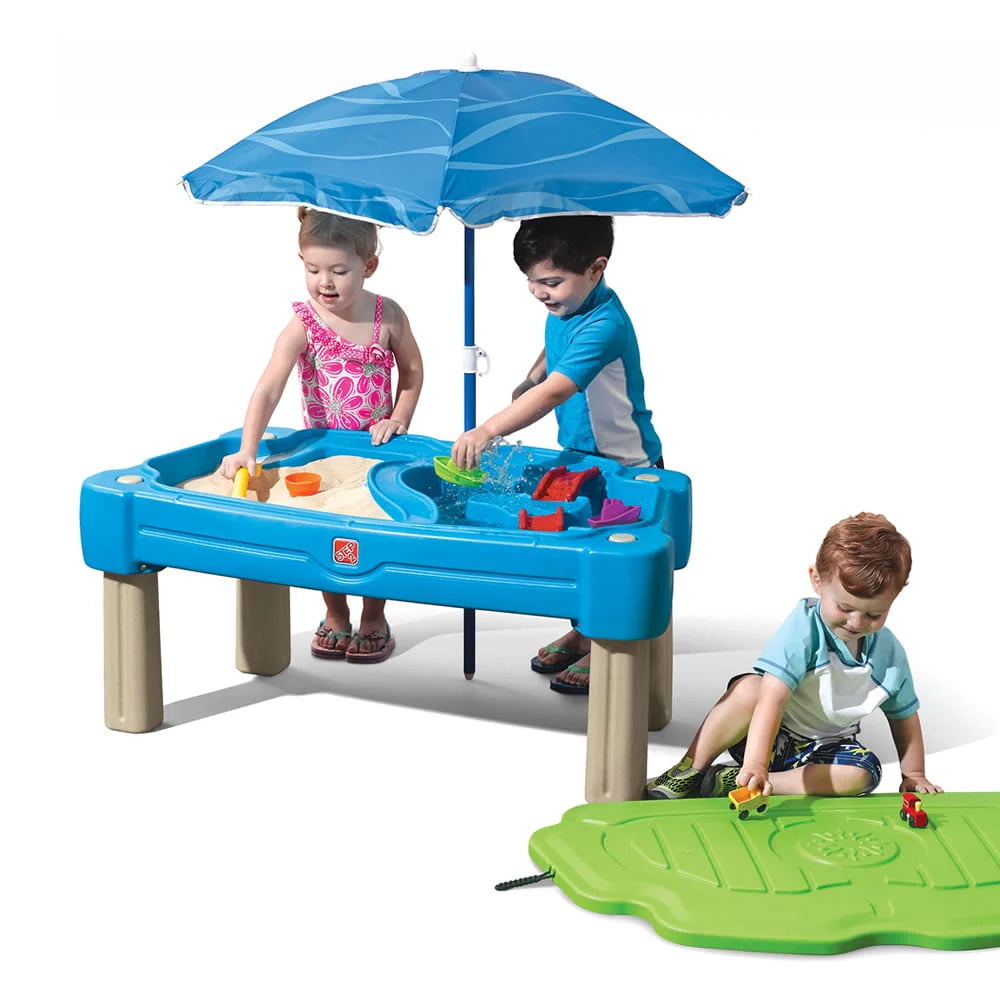 Blue Plastic Sandbox and Water Table with Cover and Umbrella C485