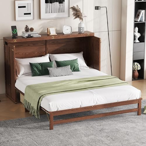 Solid Pine Queen Size Murphy Cabinet Wall Bed with Storage Drawers I44434