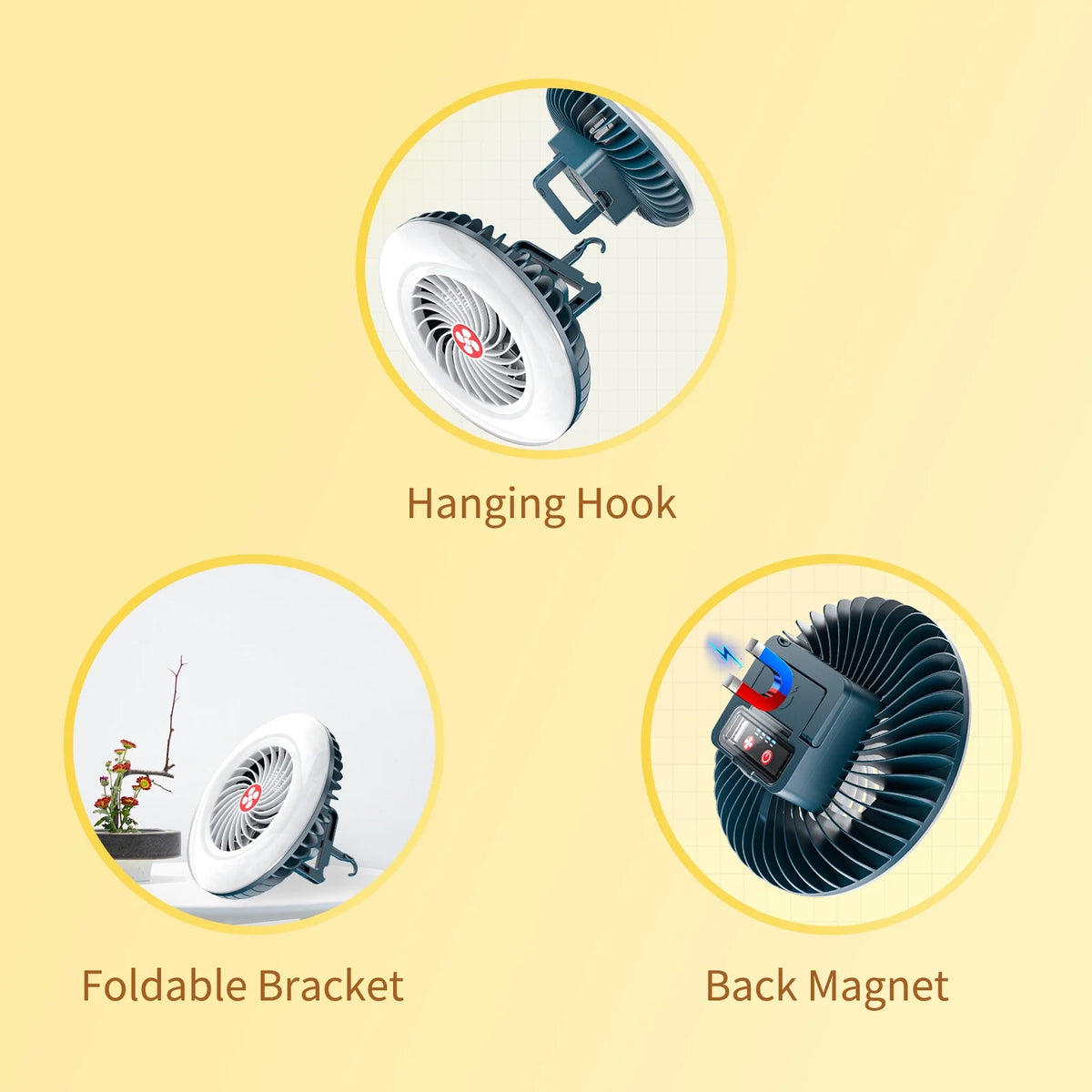 LED Hanging Fan 2 in 1 Camping Tent Fan with Hanging Hook Back Magnet LED Ceiling Fan V4964