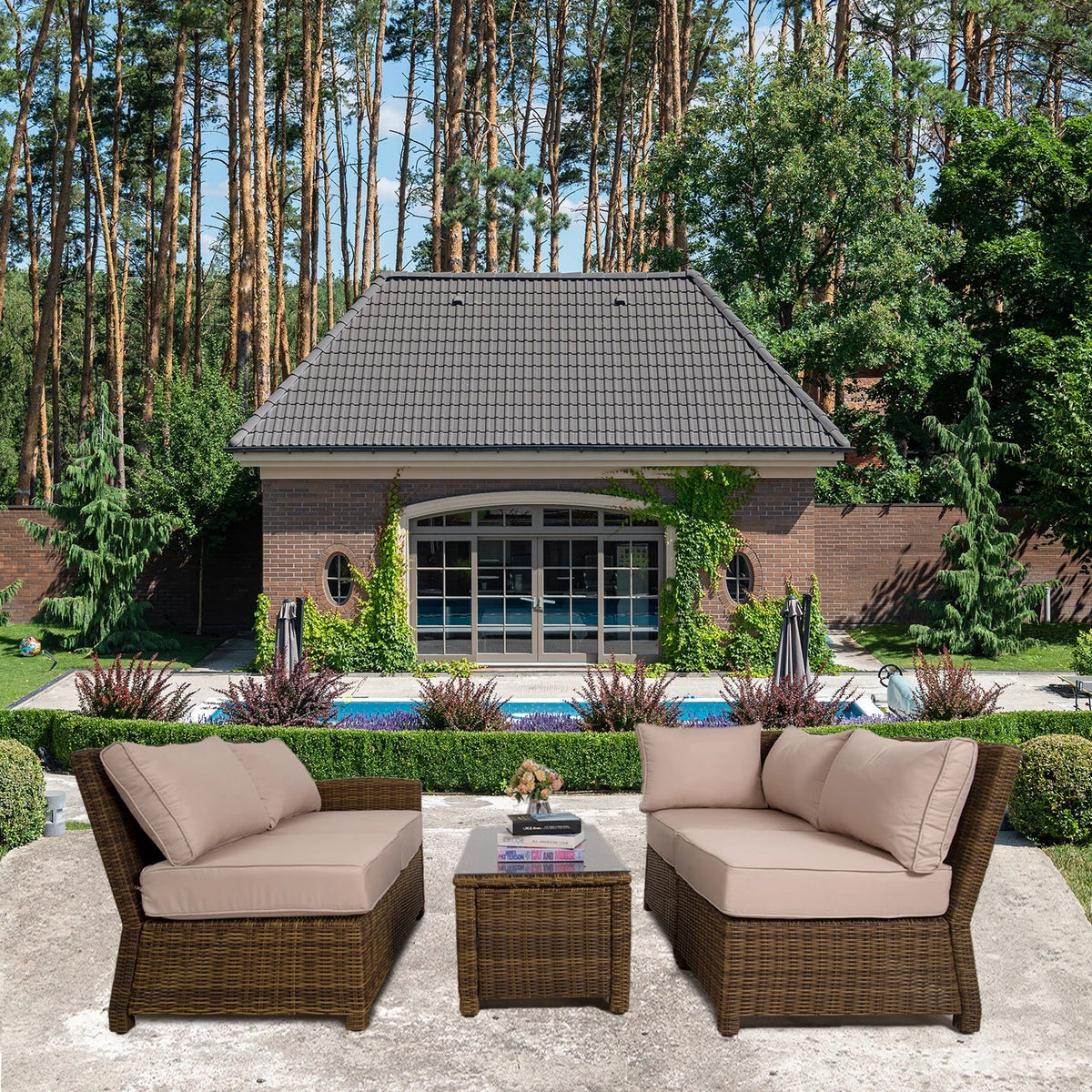4-Piece Rattan Sectional Sofa Set with Beige Cushions Table N59624