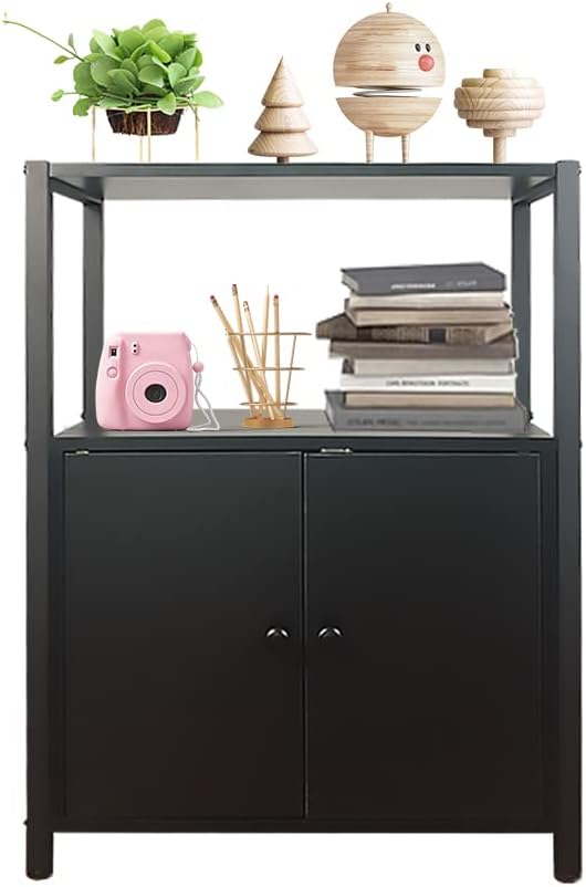 3-Tier Black Bookshelf with 2 Doors O941