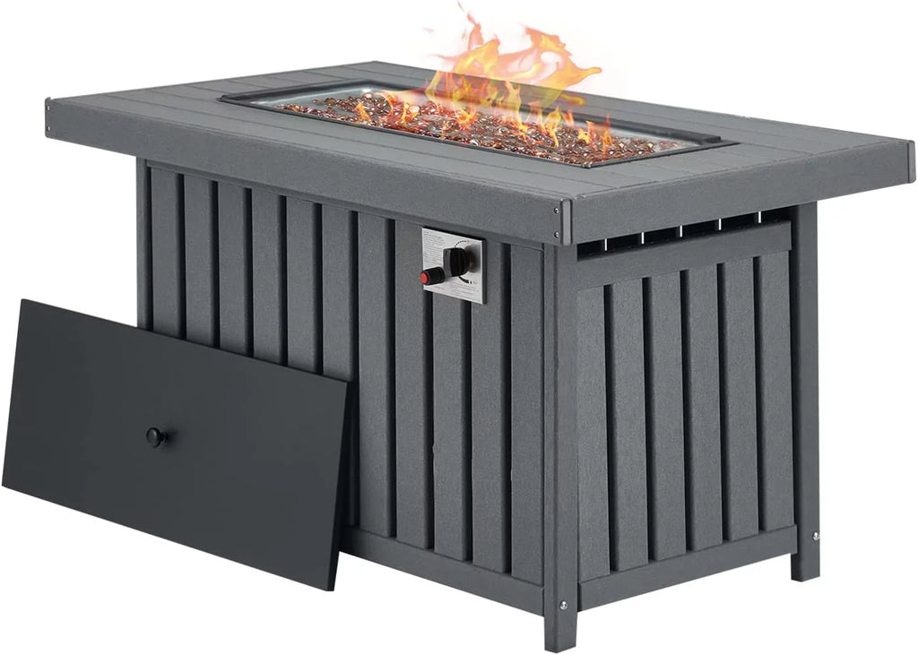 Gray 43 Inch HDPE Propane Fire Pit Table with Lid and Fire Glass D928296