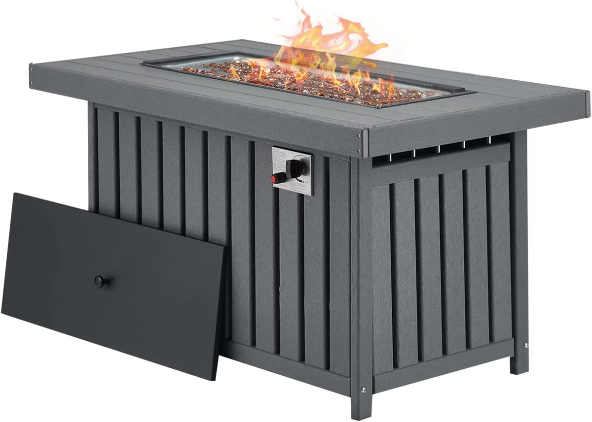 Gray 43 Inch HDPE Propane Fire Pit Table with Lid and Fire Glass D928296