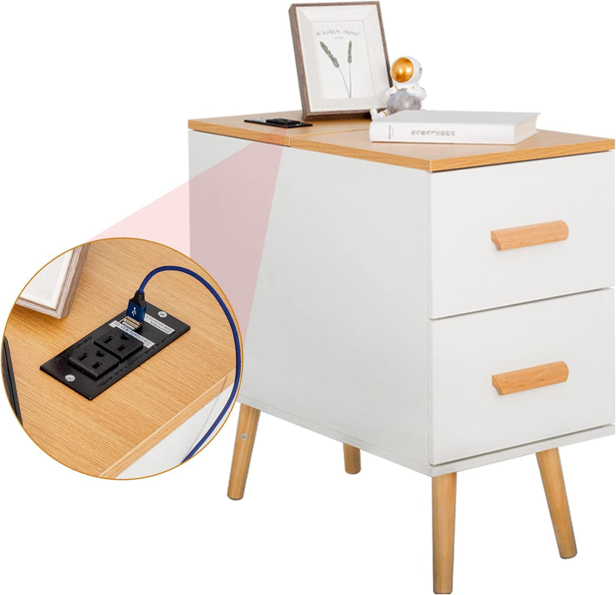 Small Wooden Sofa Side Table with Storage Shelf and 2 Drawers Q3600