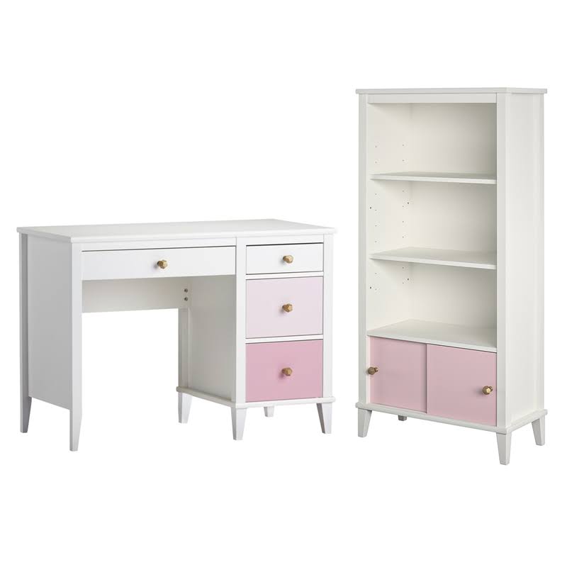 2 Piece Kids Bedroom Set with Bookcase and Desk in White and Pink Y265