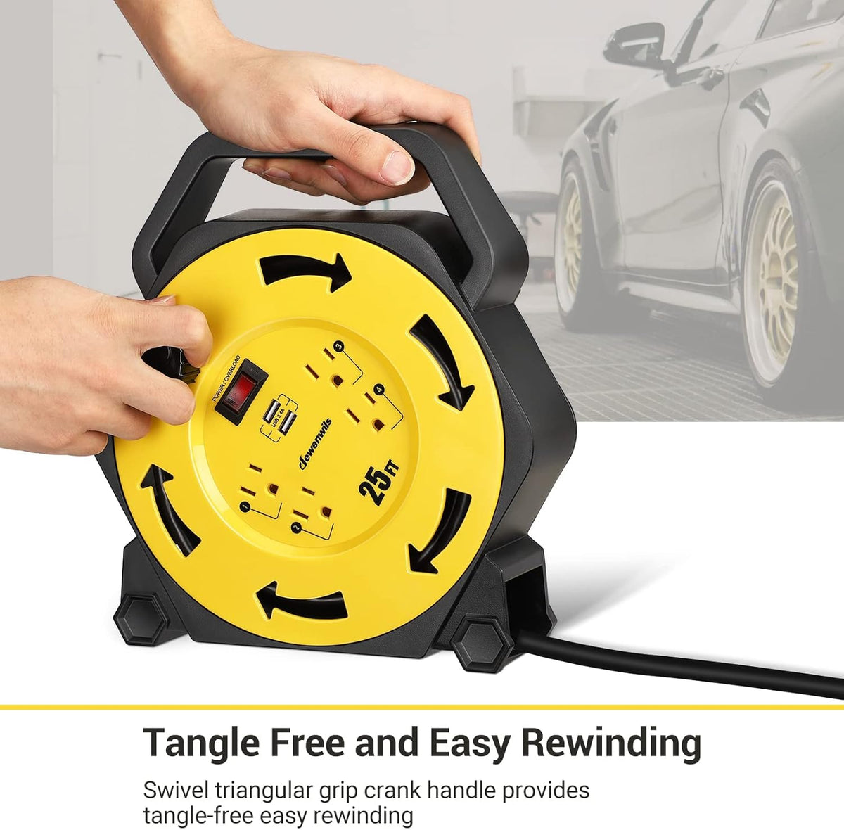 25FT Retractable Extension Cord Reel with 4 Outlets and 2 USB Ports W346631