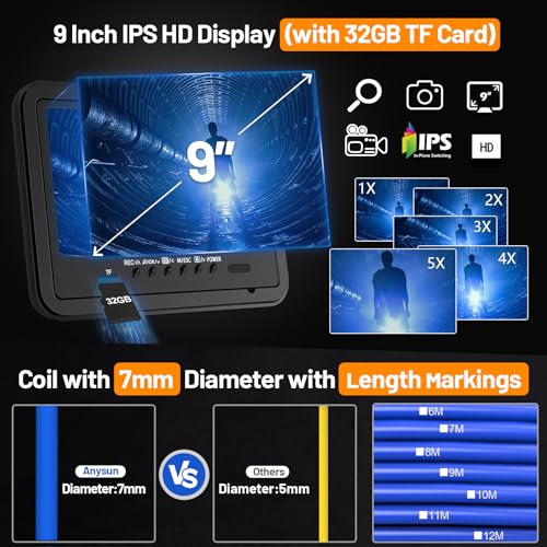 Self-Leveling Sewer Camera 100FT, 9" HD Screen Pipe Borescope Drain Inspection with 12pcs LED Light, DVR Recorder with 32GB Card, IP68 Waterproof Plumbing Cam, 7mm Cable with Depth Marker J308