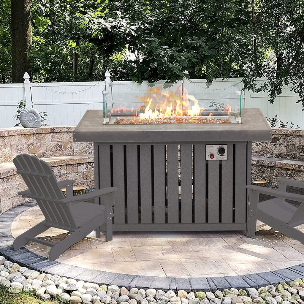 Gray 43 Inch HDPE Propane Fire Pit Table with Lid and Fire Glass D928296