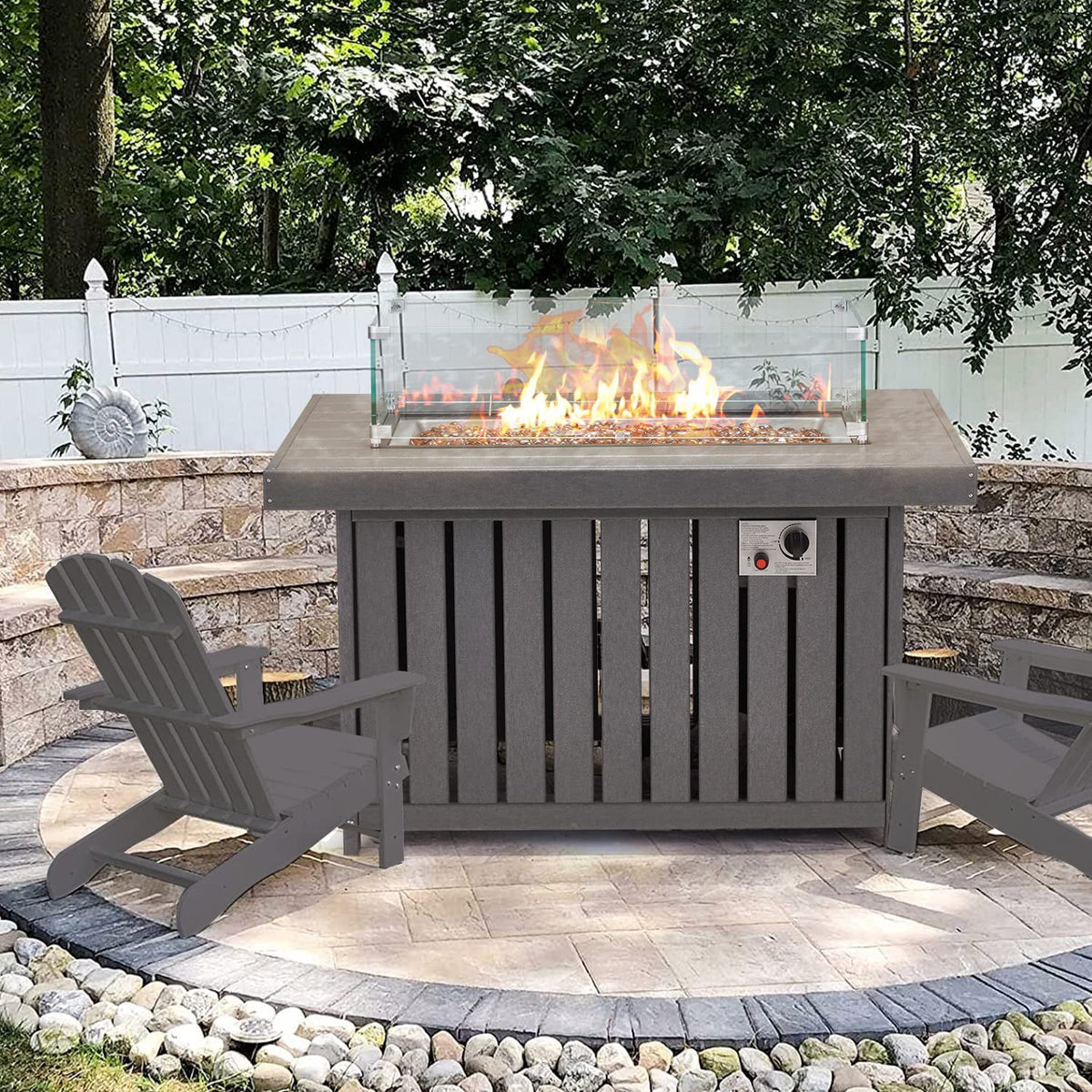 Gray 43 Inch HDPE Propane Fire Pit Table with Lid and Fire Glass D928296