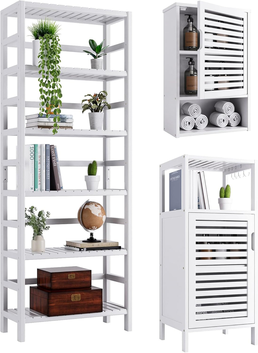 White Freestanding Bamboo Floor Cabinet with Adjustable Shelves and 4 Hooks W1444