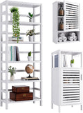 White Freestanding Bamboo Floor Cabinet with Adjustable Shelves and 4 Hooks W1444