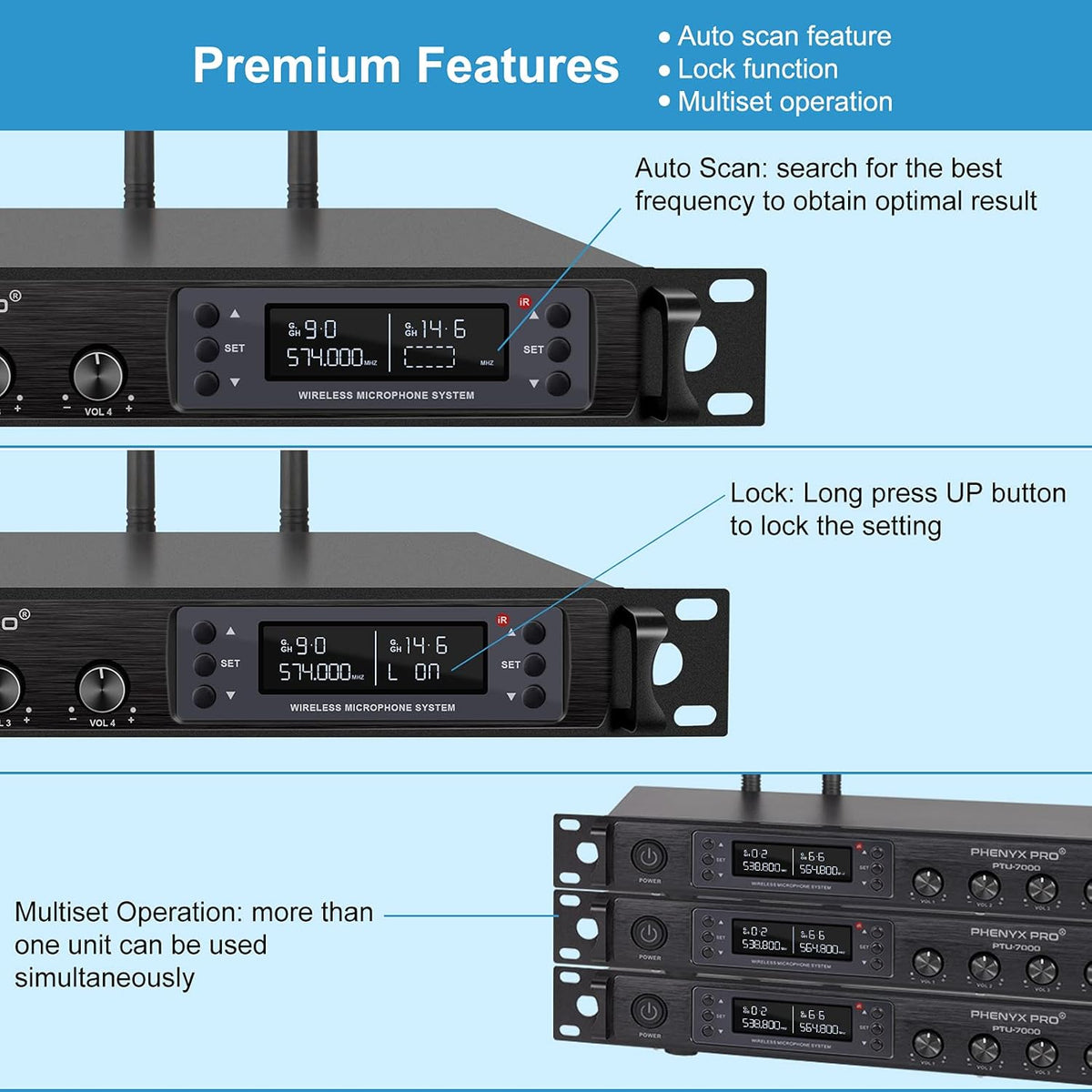 Wireless Microphone System, Quad Channel Cordless Mic Set with Four Bodypacks and Headsets/Lapels R414