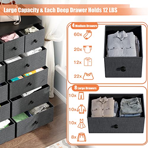 12 Drawer Fabric Dresser with Metal Frame, Wood Top, Light Grey V6209