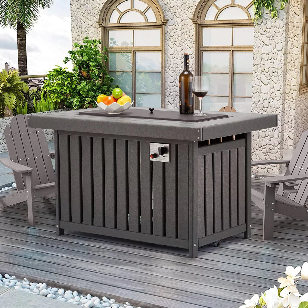 Gray 43 Inch HDPE Propane Fire Pit Table with Lid and Fire Glass D928296